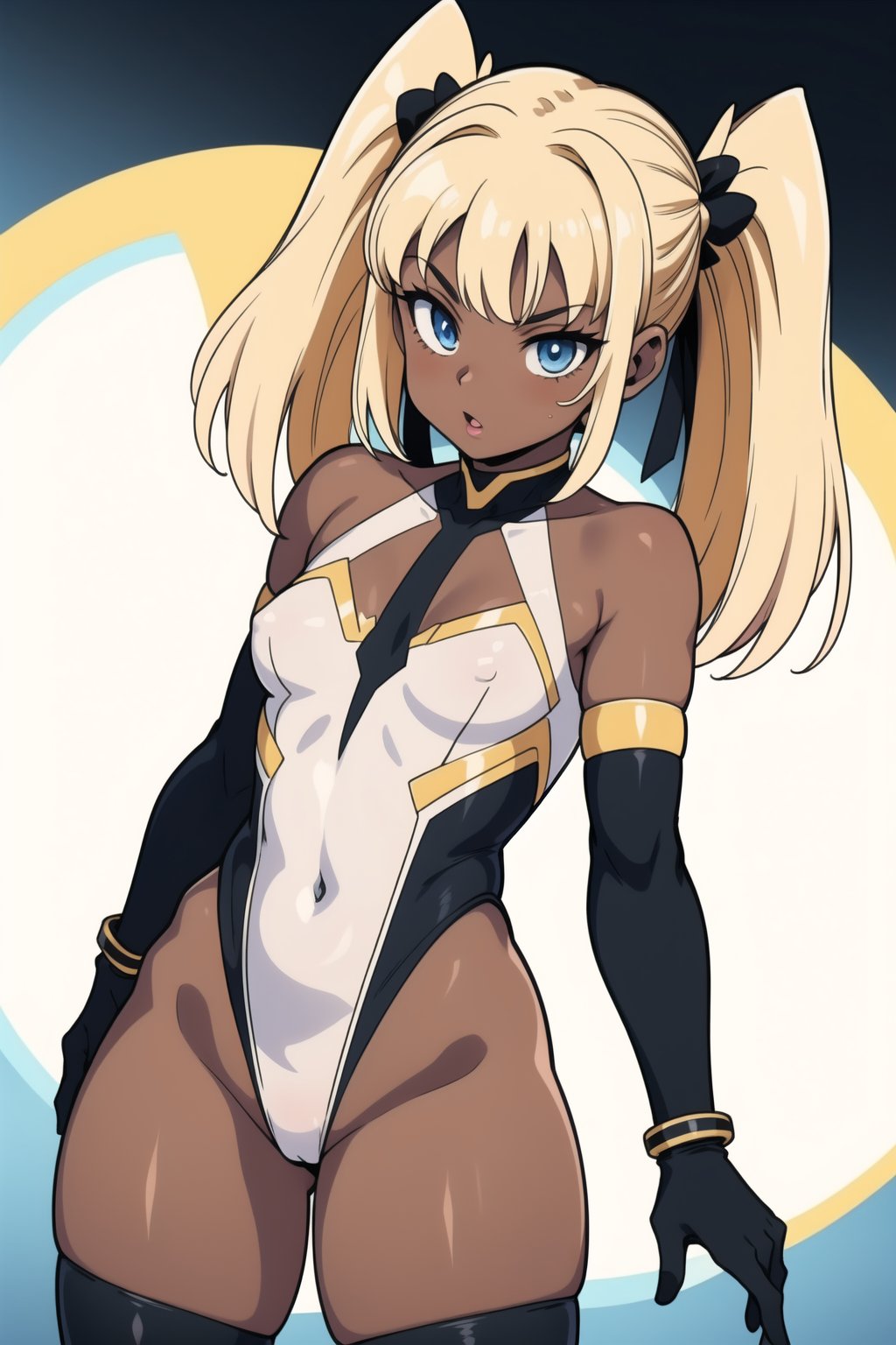  dark skin, LilyR, blue eyes, twin_tails, small breast, gold and white leotard, high tights, elbow gloves, yellow hair,