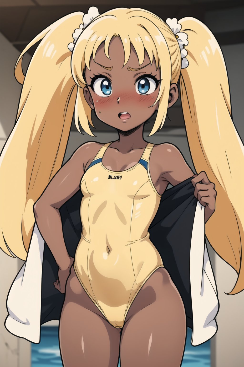 brown skin, LilyR, blue eyes, twin_tails, small breast,  yellow hair,dark skin, blushing, yellow one piece swimsuit.