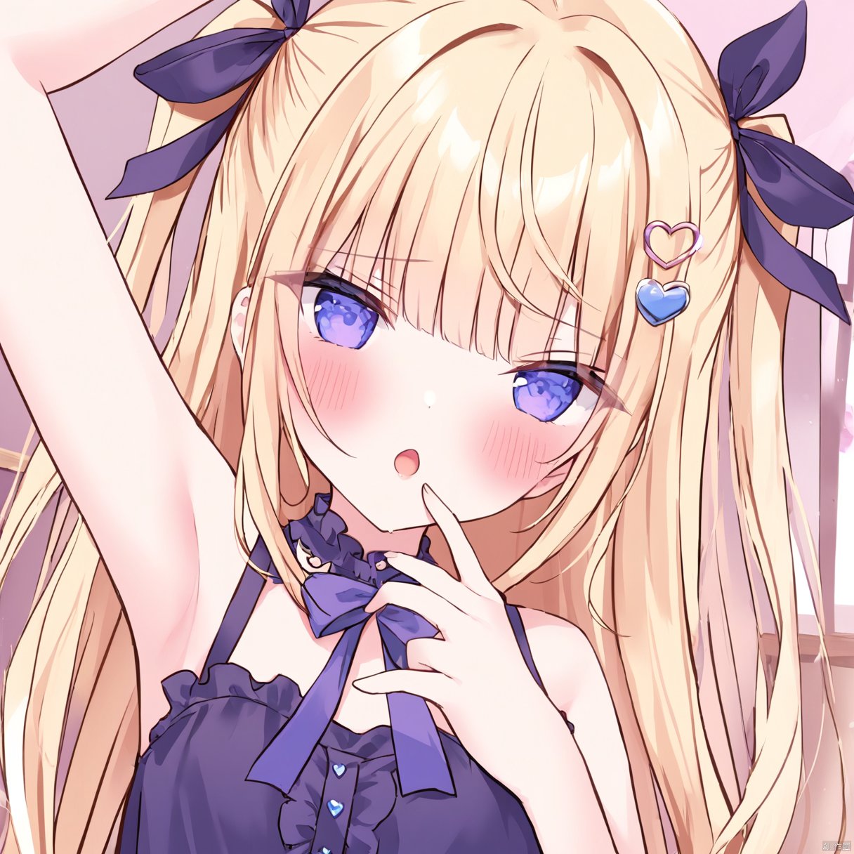  1girl, tsukishi_aria, blonde hair,
ribbon, shamed, blush, :o, heart hair ornament,
 hand on mouth, bare shoulders, armpit,
upper bodym,
masterpiece, best quality, doll, , omochi_monaka,two side up