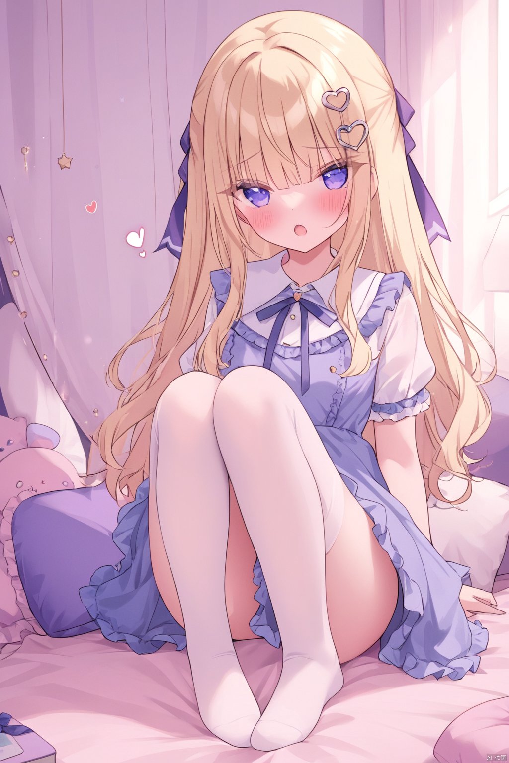 1girl, tsukishi_aria, blonde hair,
ribbon, shamed, blush, :o, heart hair ornament,
no shoes,
masterpiece, best quality, doll, 