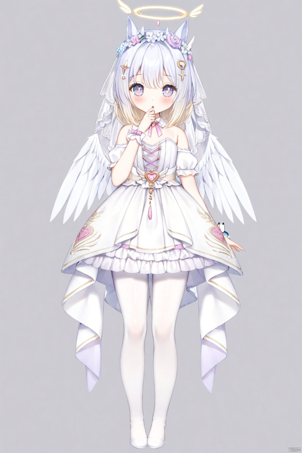  1girl, lili, white dress, halo, long hair,
ribbon, shamed, blush, :o, bow,
hand on mouth, bare shoulders, white pantyhose,
no shoes, full body,
masterpiece, best quality, doll, , omochi_monaka, onnk,feather decoration