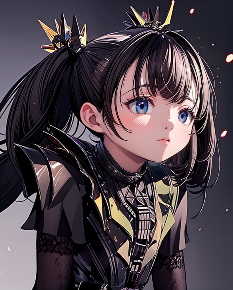 1 girl with a twintail wearing black armor, upper body shot, blue sky background, highly detailed, character design, fantasy, dynamic lighting, cinematic, masterpiece by Greg Rutkowski and Artgerm, 4k resolution,moa,moametal,bm