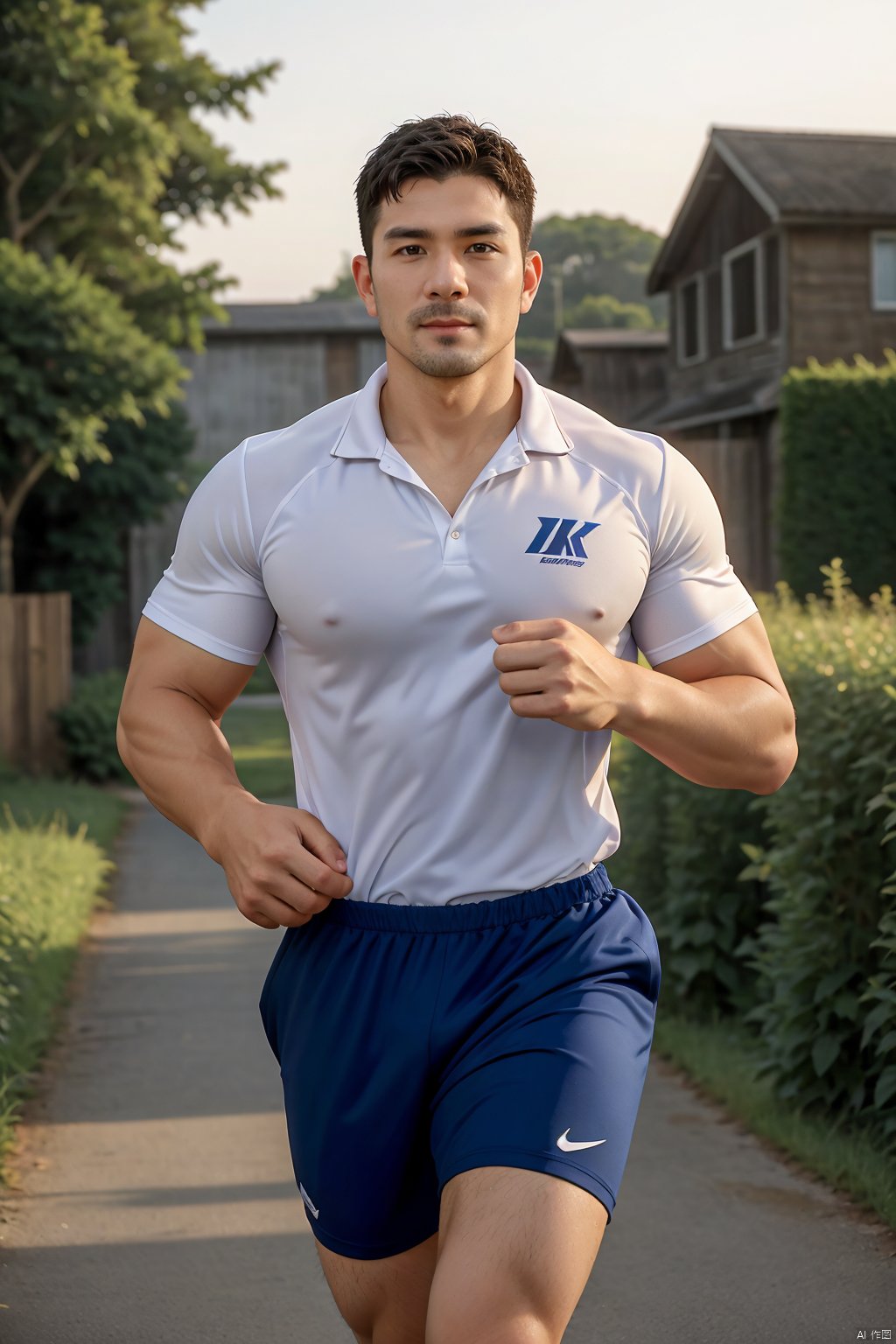 masterpiece, divine titan, 1 Man, mature, Stubble, Look at me, Hairy body, gym_uniform, Rural street, Sunrise, Running posture, textured skin, super detail, best quality, 8k, ccurate,