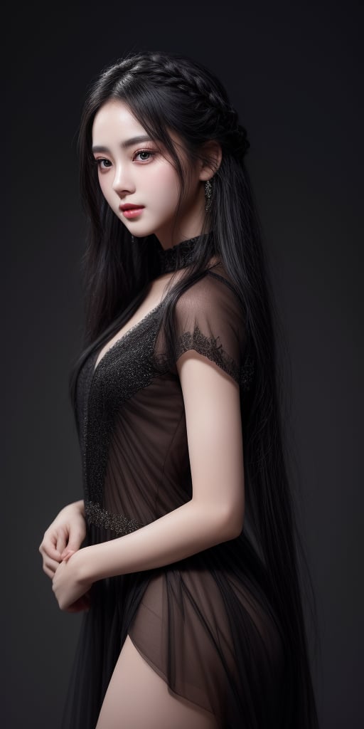 8k, HD, RAW photo, best quality, (masterpiece:1.2), (realistic, photo-realistic), (highly detailed), xixie, 18 years old, very beautiful face, eyes, innocence_face, long black hair, wearing dress, smokey dark background, whole_body,Xixie