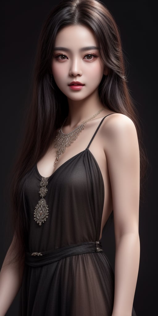 8k, HD, RAW photo, best quality, (masterpiece:1.2), (realistic, photo-realistic), (highly detailed), xixie, beautiful girl, very beautiful face, brown eyes, innocence_face, long black hair, wearing dress, necklace, smokey dark background,Xixie