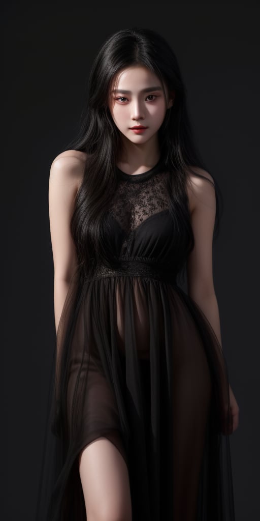 8k, HD, RAW photo, best quality, (masterpiece:1.2), (realistic, photo-realistic), (highly detailed), xixie, 18 years old, very beautiful face, eyes, innocence_face, long black hair, wearing dress, smokey dark background, whole_body,Xixie