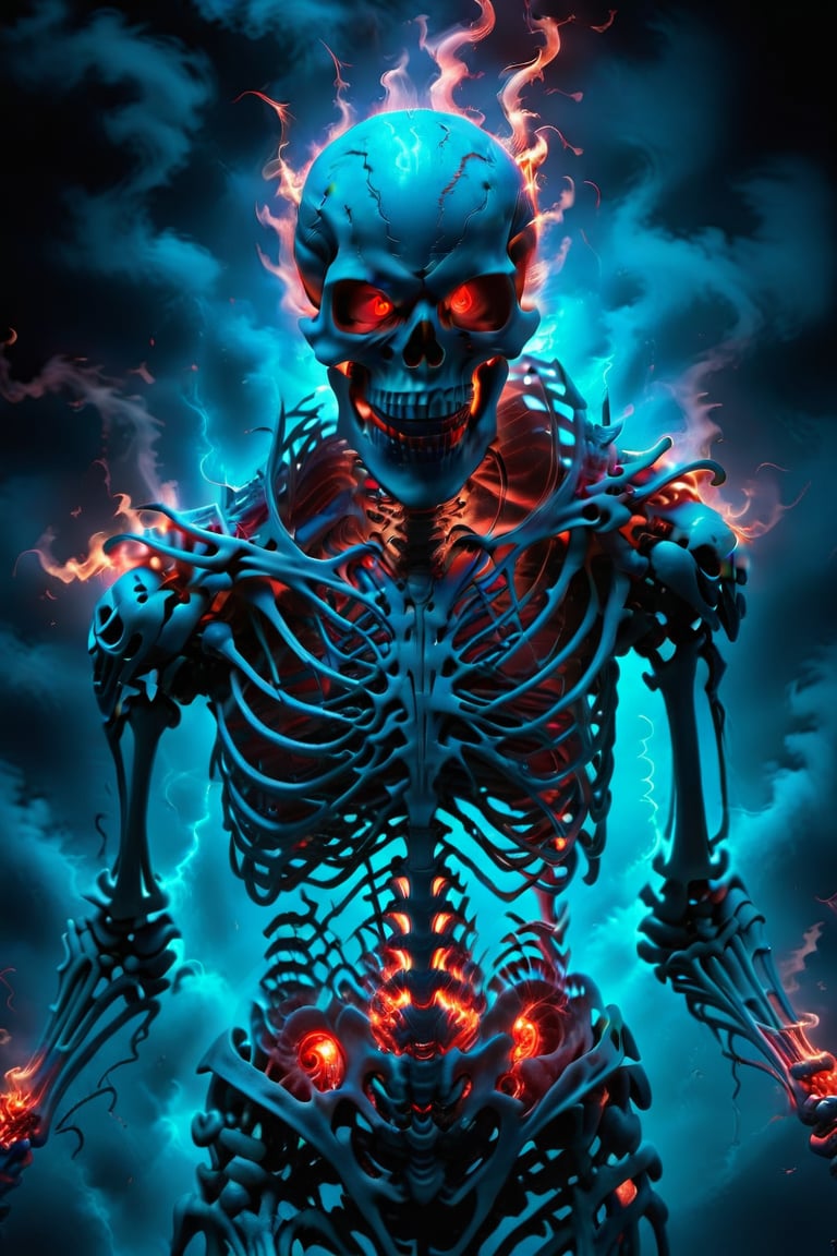 (masterpeice), amazing art work, demoni skeleton, evil looking, walking out of dark mist, (red glowing eyes),  looking at viewer, screaming expression, 