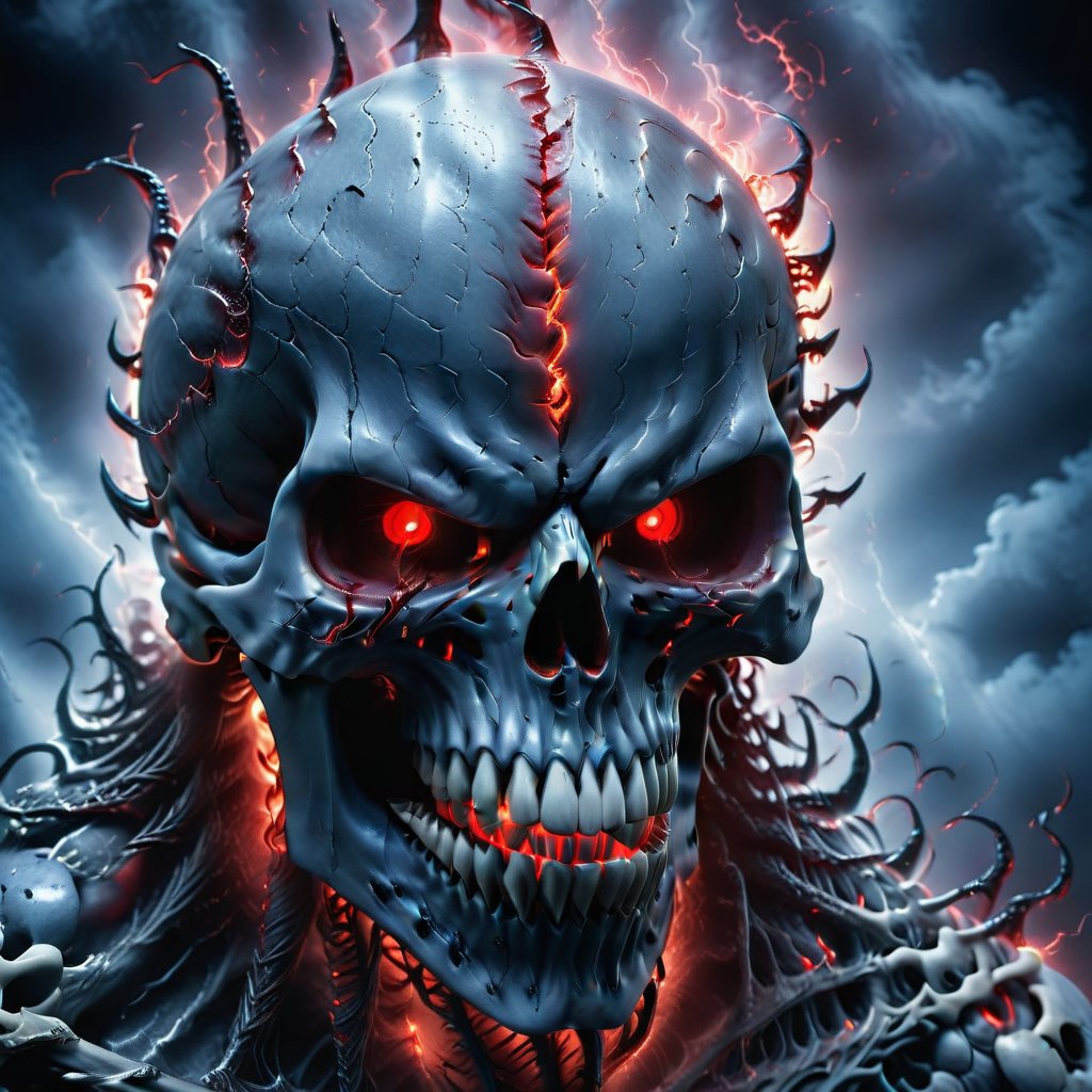 (masterpeice), amazing art work, Skull, Demonic, evil looking, forming out of dark mist, (red glowing eyes), demonic skull, evil skull (side View), looking at viewer,