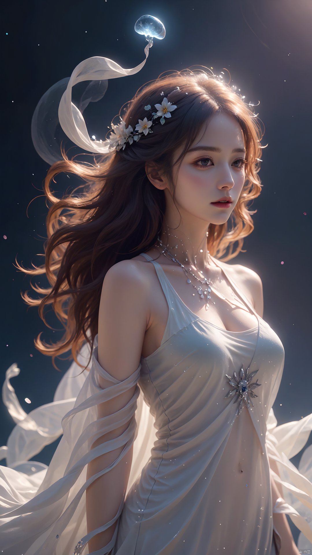  1girl,wearing Collectable Space Age Pearlescent Bracers, soft focus, Modern Art, （key light：1.2）,flower,jellyfish, Grayscale, glittering, runes,( Light streaks:1.3), （highly detailed：1.3）, 8K,jellyfishforest,,Fractal,smoke, cloud,Soaring through the clouds and mist, Colored hair,Colored smoke,moyou, Multidimensional diffraction paper,huge_breasts , glow, chaoyue, Angel