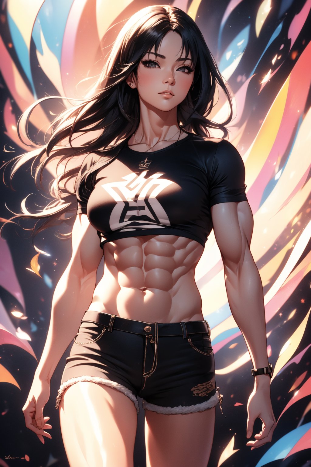 1girl, solo, Kumiko Ooyodo, oil painting, impasto, looking at viewer, a tomboy woman, 19 years old, long black hair, grey eyes, urban psychedelic outfit, tomboy focus, ((muscular body)), ((marked muscles)),  ripped abs, black_t-shirt, red_baggy_shorts, psychedelic  background, masterpiece, nijistyle, niji, ,sciamano240, soft shading, 1girl,1 girl,Kimiko Ooyodo