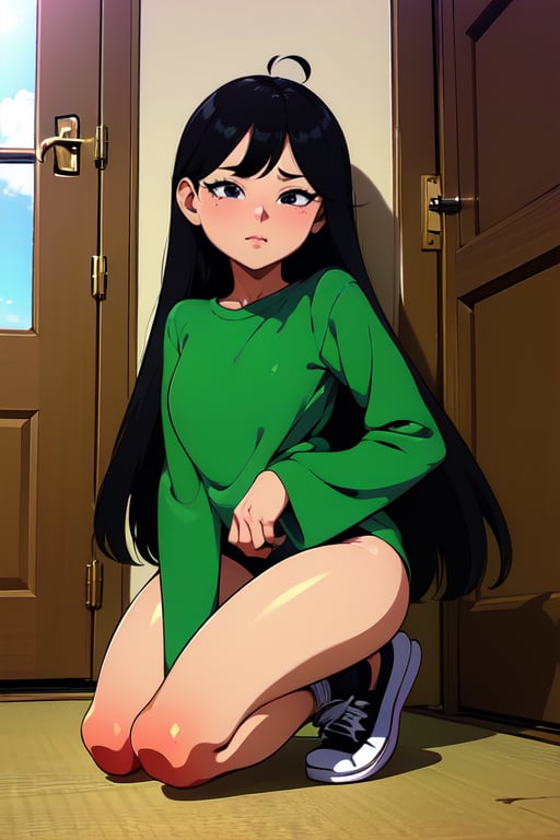 (masterpiece, best quality), beautiful, 1 girl , kuki Sanban , green overlong sleeve shirt, black pantyhose, long black hair, boy, Asian descent, black and white shoes in Trigger Words,JCM2,Kuki sanban ,Artist