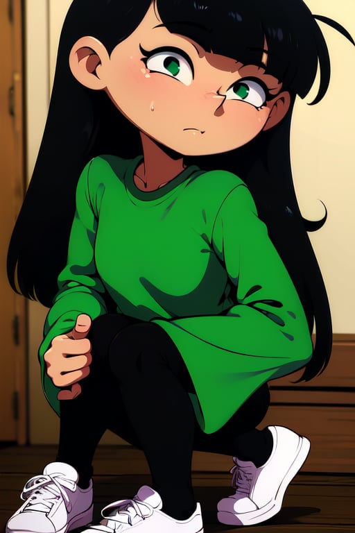 (masterpiece, best quality), beautiful, 1 girl , kuki Sanban , green overlong sleeve shirt, black pantyhose, long black hair, boy, Asian descent, black and white shoes in Trigger Words,JCM2,Kuki sanban ,Artist