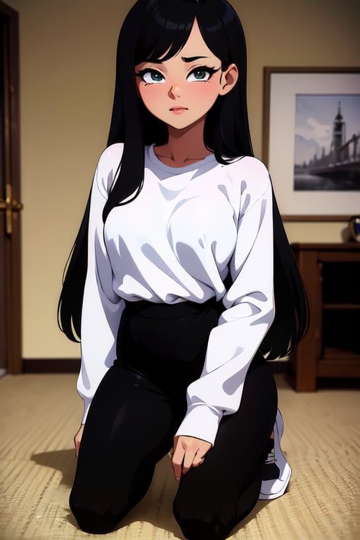 (masterpiece, best quality), beautiful, 1 girl , kuki Sanban, Number 3, green overlong sleeve shirt, black pantyhose, long black hair, boy, Asian descent, black and white shoes in Trigger Words,JCM2,Kuki sanban ,Artist