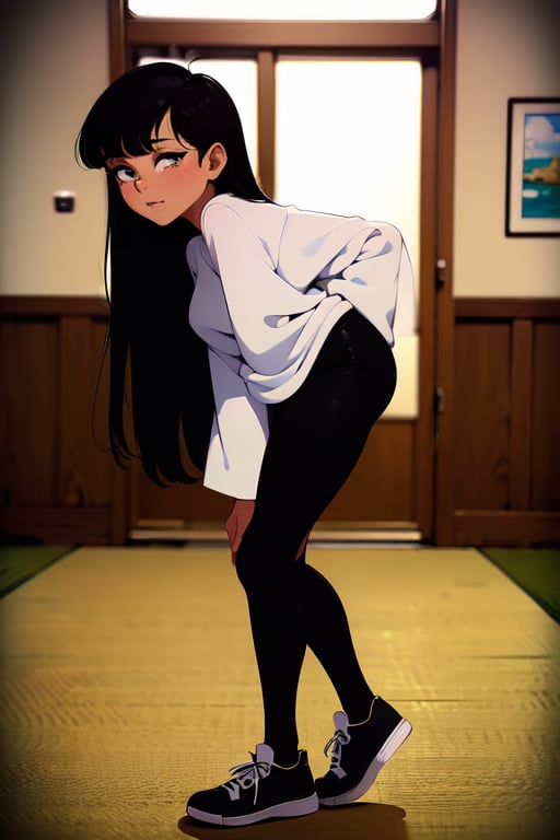 (masterpiece, best quality), beautiful, 1 girl , kuki Sanban , green overlong sleeve shirt, black pantyhose, long black hair, boy, Asian descent, black and white shoes in Trigger Words,JCM2,Kuki sanban ,Artist