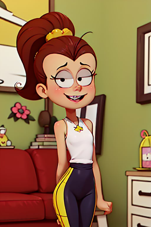 (masterpiece, best quality), beautiful, 1 girl, ponytail, buck teeth, thin waist , JCM2, Luan loud 