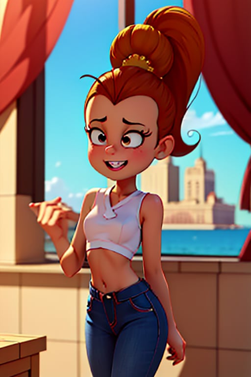 (masterpiece, best quality), beautiful, 1 girl, ponytail, buck teeth, thin waist , JCM2, Luan loud 