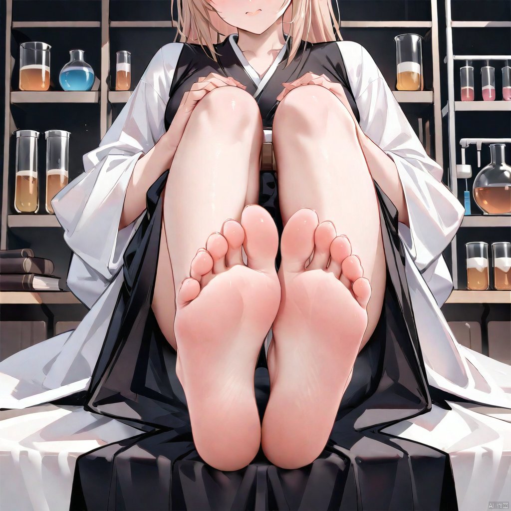 Soles, foot close-up, (masterpiece), soles, (black Hanfu: 1.2), laboratory background, body, bare feet, lifted legs, bare feet, facing the audience, feet facing down, bare feet, opaque clothing, bare feet, soles