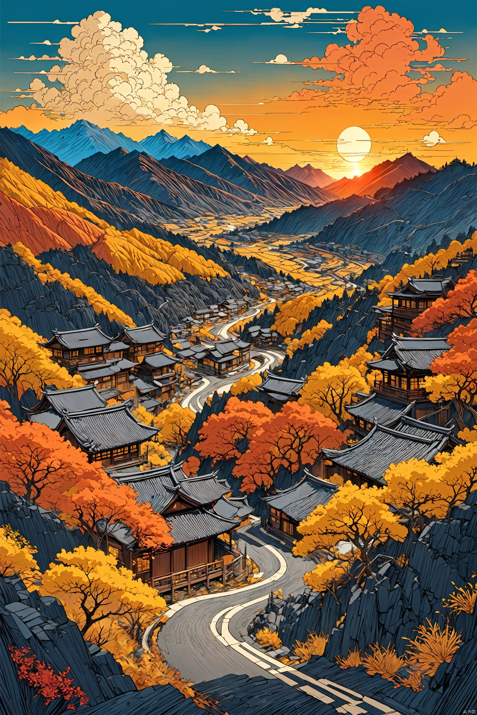  masterpiece,best quality, line art,line style,
outdoors,blue sky,white cloud,black road,red ang orange mountain,yellow trees,((sunset)),from above,village on mountain