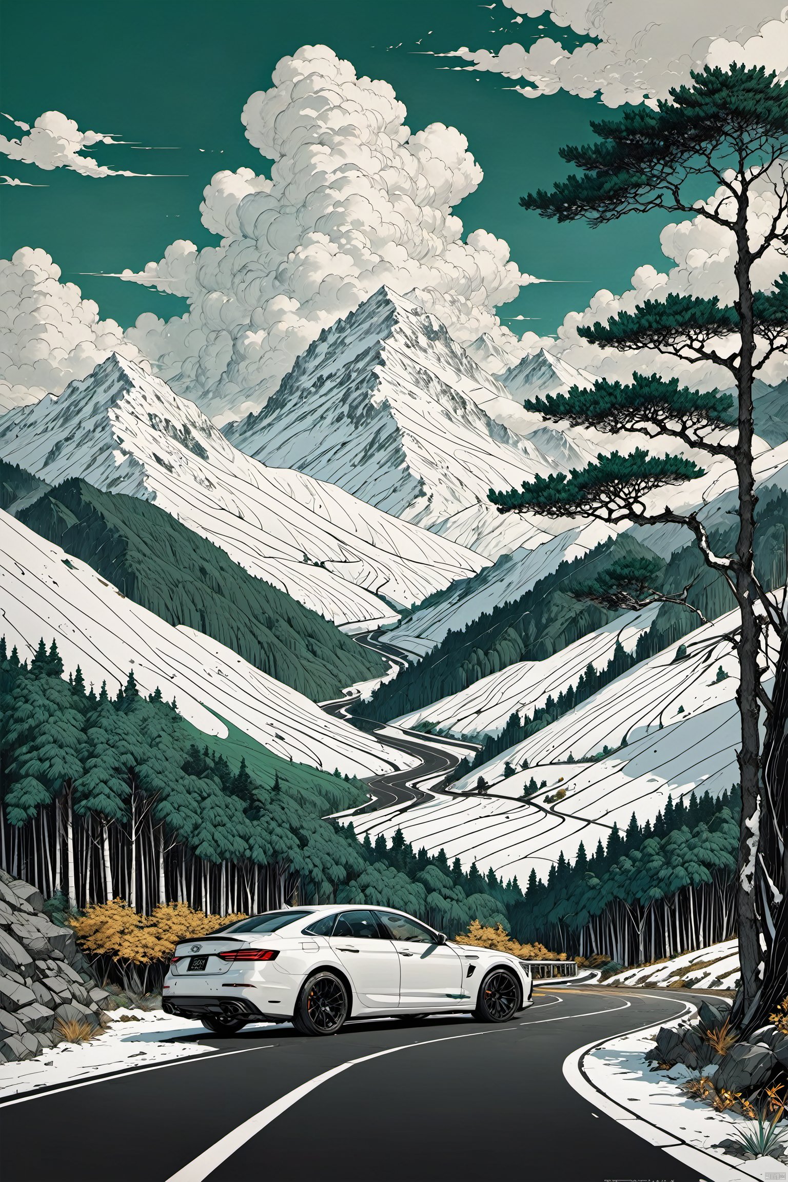  masterpiece,best quality, line art,line style,
,outdoors,white car,blue skya,white cloud,black road,white snow mountain,deep green trees,