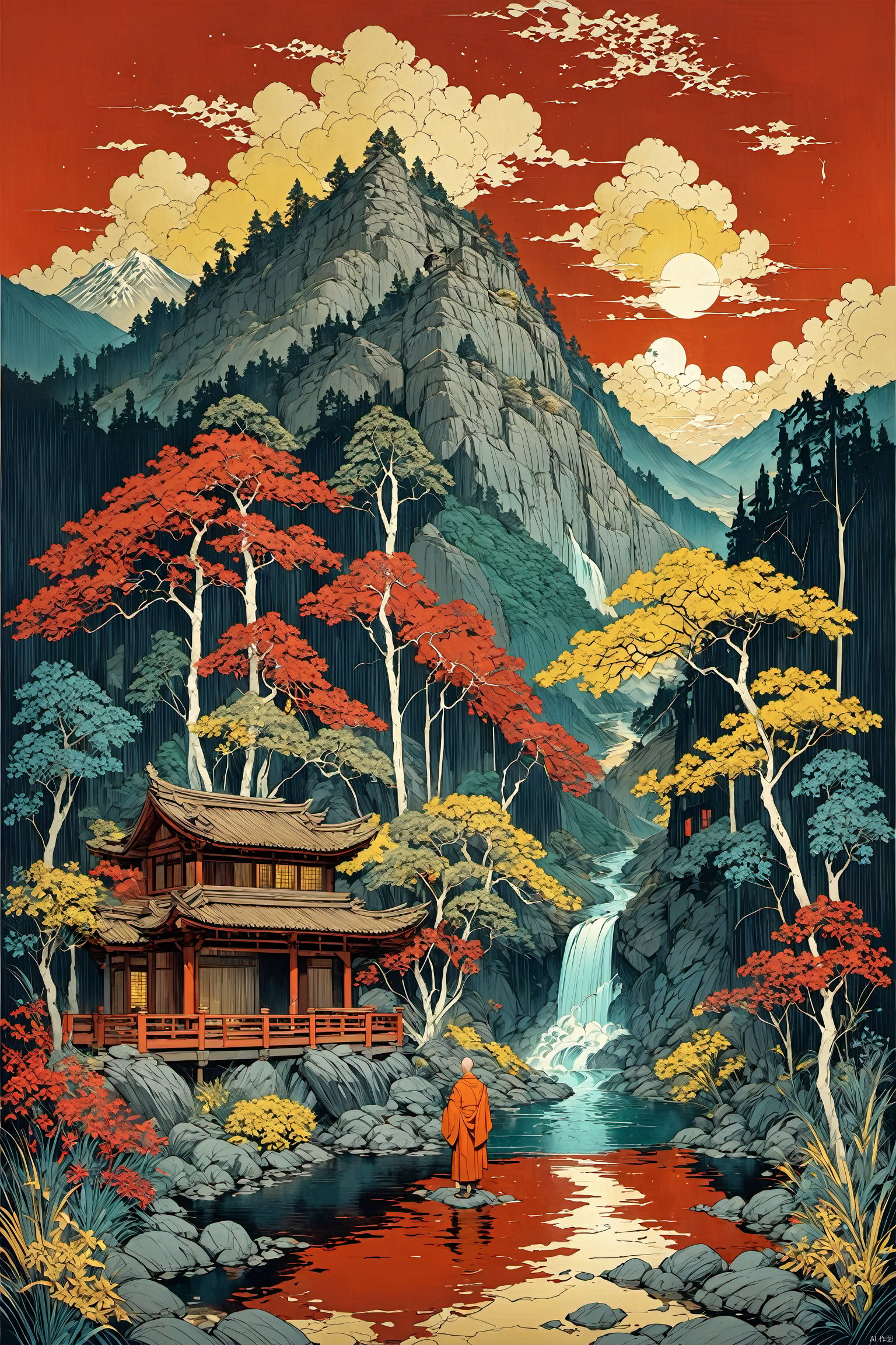  masterpiece,best quality, line art,line style,lake,water fall,trees,mountain),(((masterpiece,best quality))),A monk in yellow clothes is by the water's edge,1boy,night,red theme,