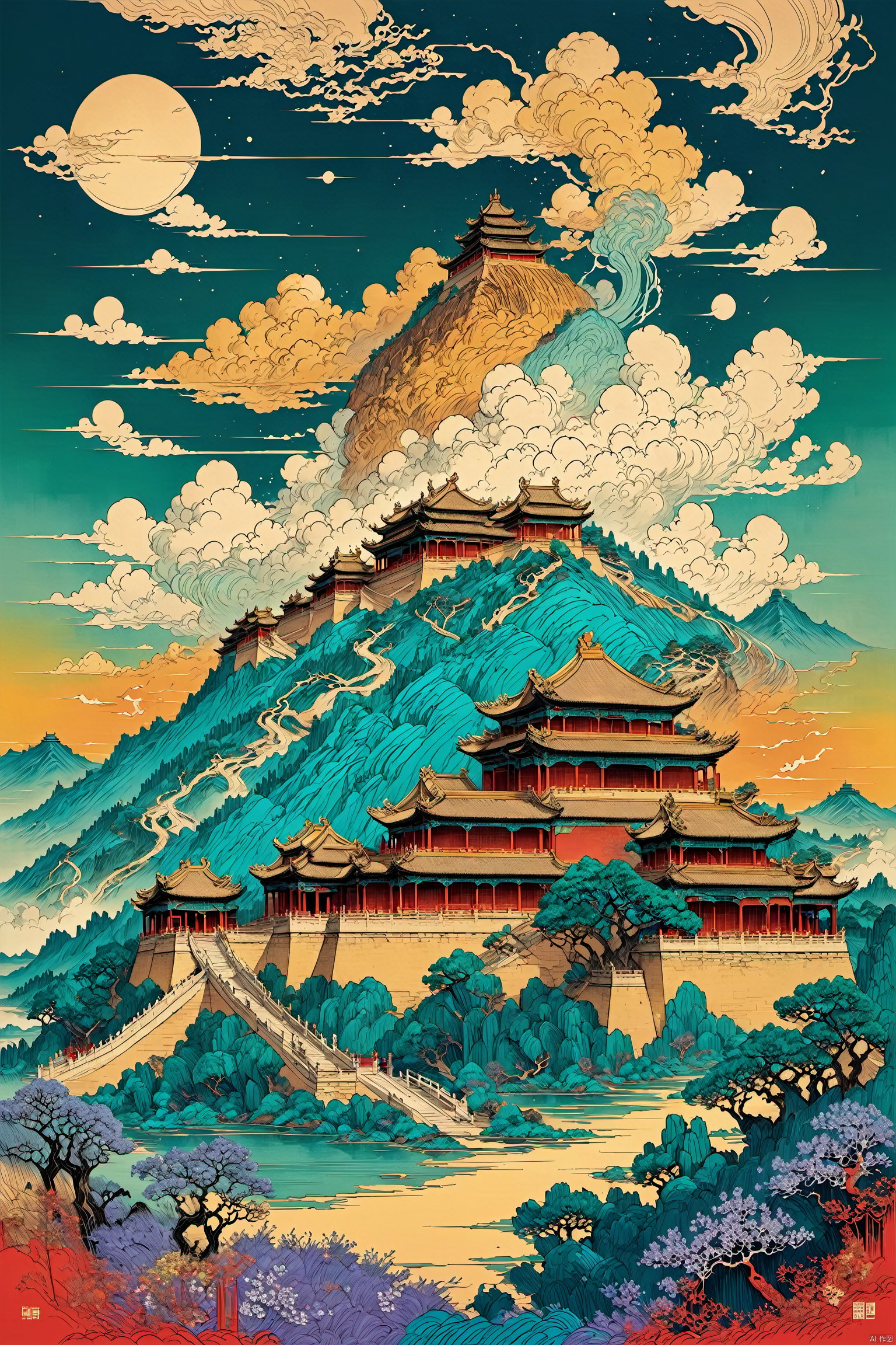  masterpiece,best quality, line art,line style,huge sky,giant sky,colorful theme,line art,line style,mountain,small The Forbidden City,