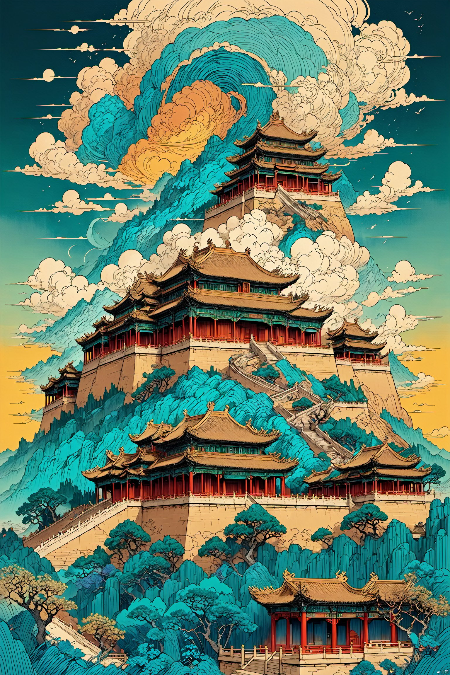  masterpiece,best quality, line art,line style,huge sky,giant sky,colorful theme,line art,line style,mountain,small The Forbidden City,