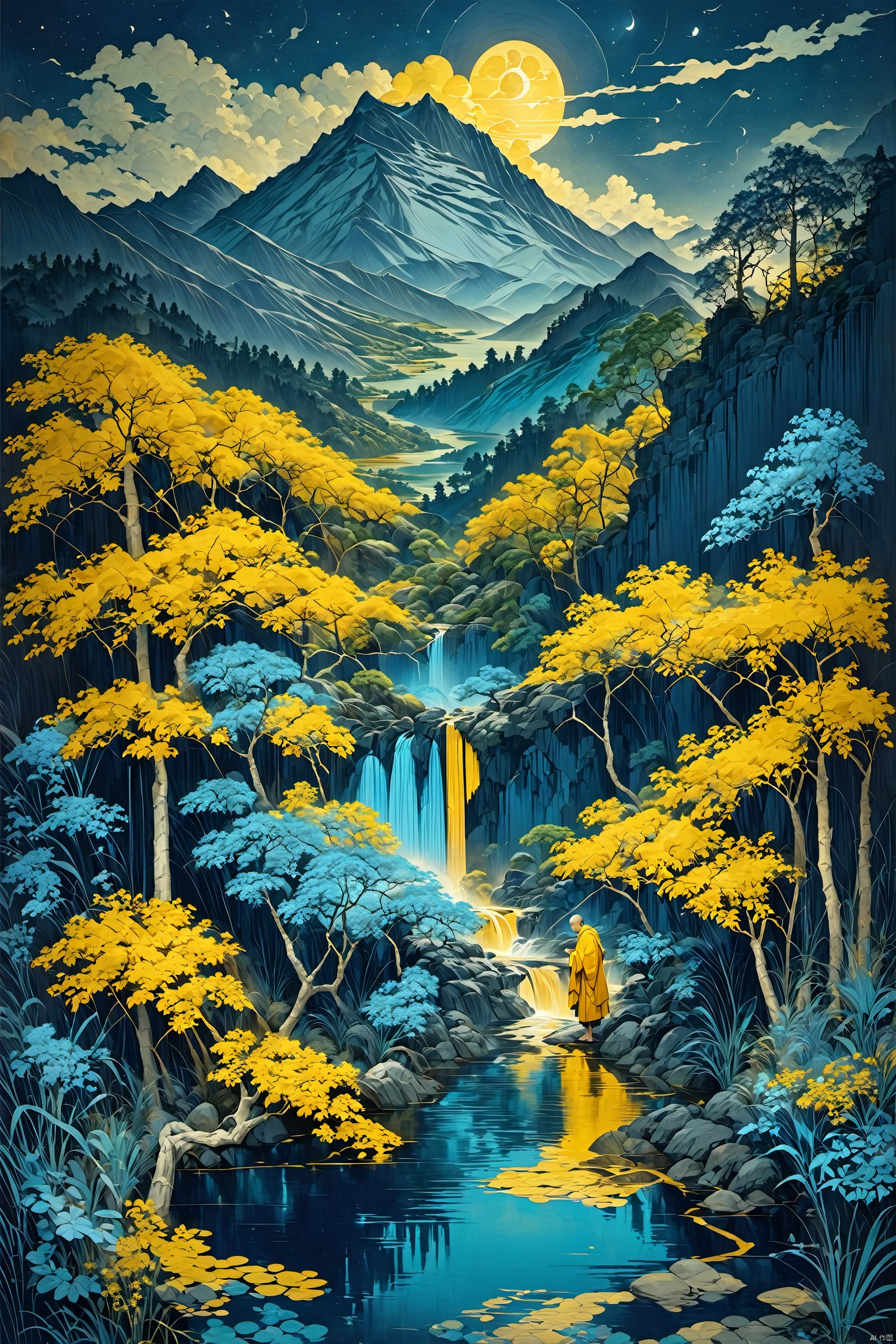 (as style,outdoors,lake,water fall,trees,mountain),(((masterpiece,best quality))),A monk in yellow clothes is by the water's edge,1boy,night,blue theme,