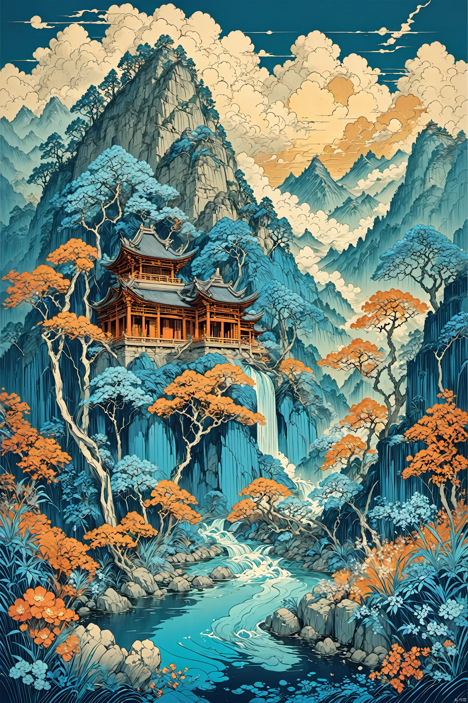 masterpiece,best quality,
flowers,(as style,outdoors,trees,mountain),(((masterpiece,best quality))),A taoist in orange clothes is by the water's edge,1boy,blue theme,line art,line style,((clouds)),water fall,temple,bammboo