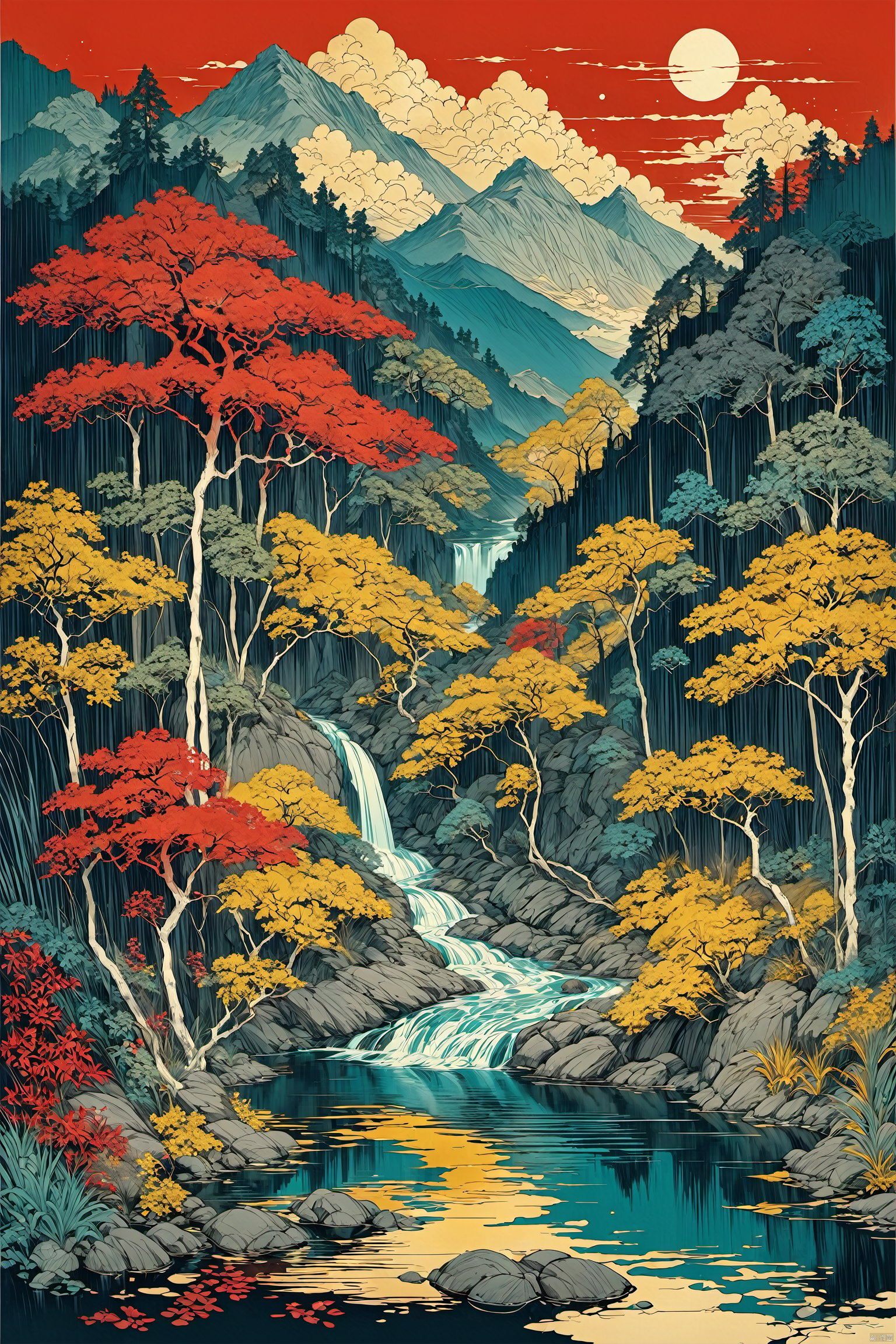  masterpiece,best quality, line art,line style,lake,water fall,trees,mountain),(((masterpiece,best quality))),A monk in yellow clothes is by the water's edge,1boy,night,red theme,