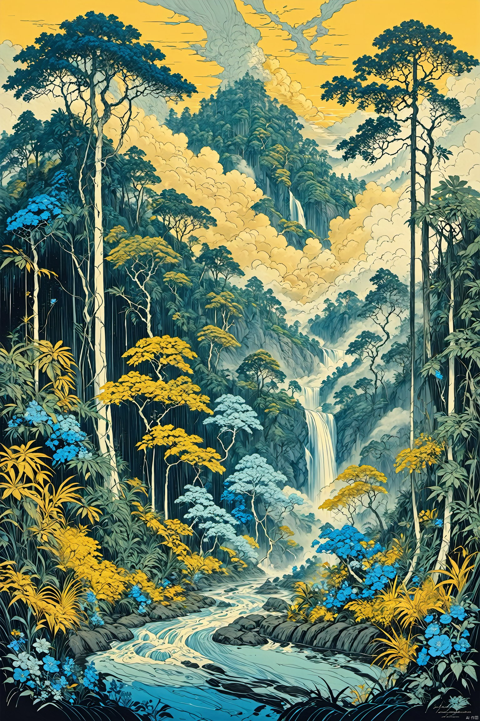  masterpiece,best quality, line art,line style,
A boy is running in the jungle, tall trees, winding vines, blue flowers, white clouds, a giant waterfall in the distance, and a river flowing into the distance,day,ivan shshkin,yellow blue theme,((fog)),
