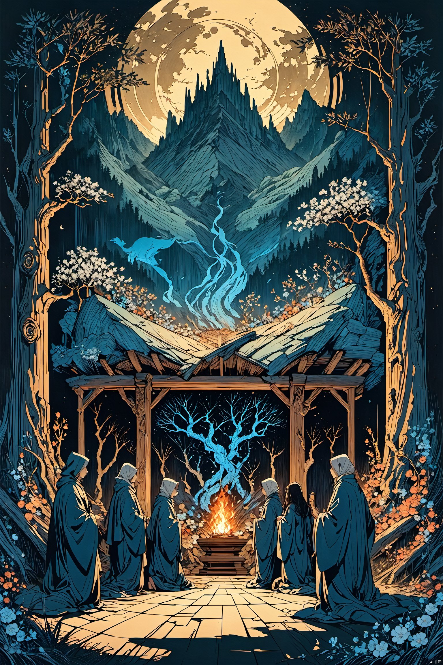  masterpiece,best quality, line art,line style,
Flowers spread across the earth, different animals, and people wearing long robes knelt down one after another. On the altar built with wood and branches in the center, a deep blue flame was burning. The shadows of the distant mountains were full of strangeness and mystery. At night, the black forest radiated with light,