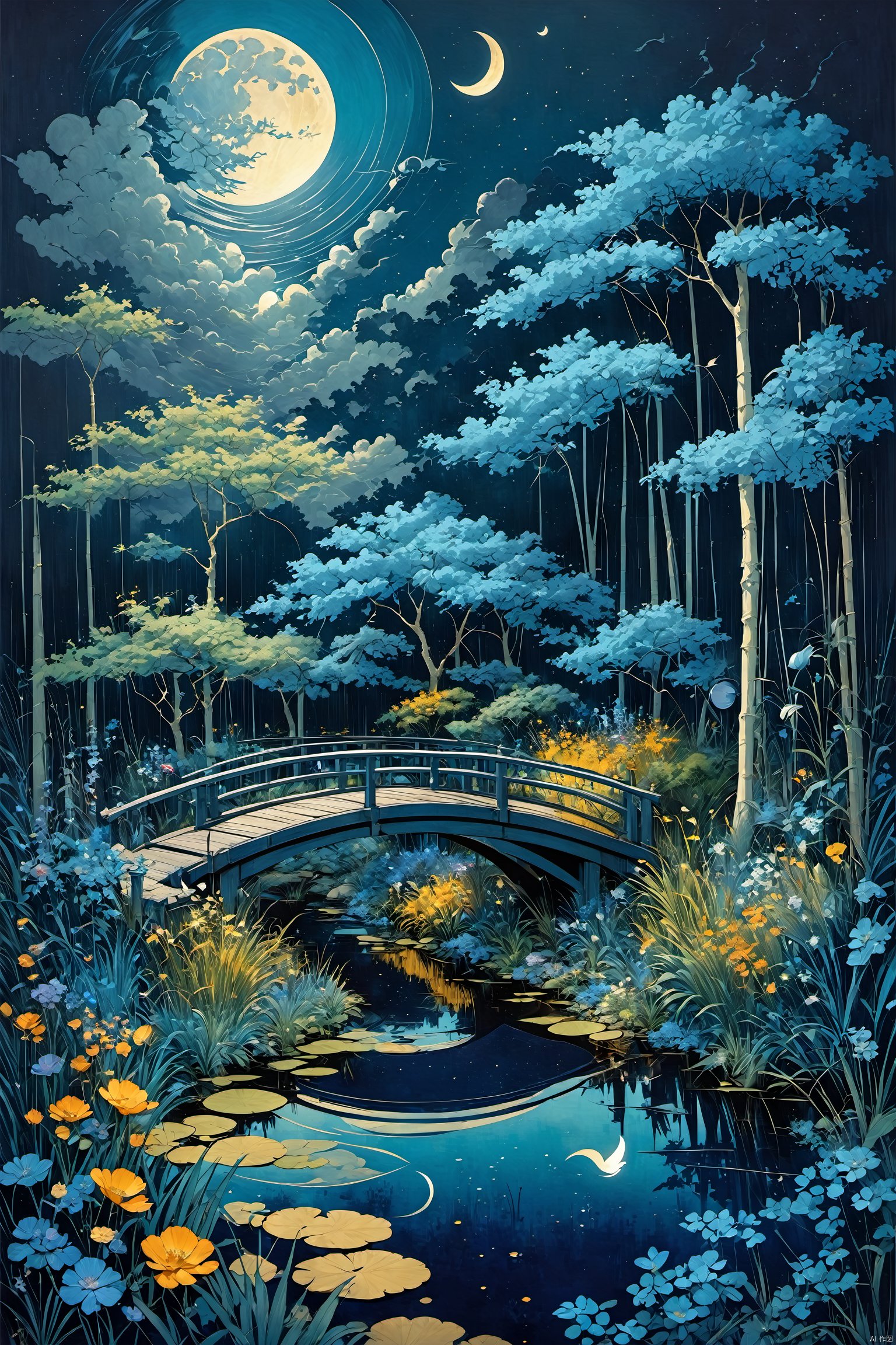 as style,(masterpiece,best quality),outdoors,garden,grass and flowers,trees very tall,small bridge on water,birds on the trees by the pond,wasteland garden,night,((crescent moon solo)),clouds,ourple blue theme,