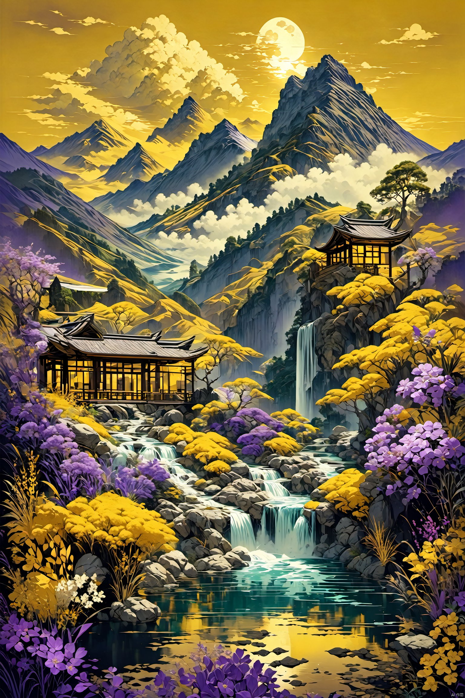 (((masterpiece,best quality))),((good structure)),((Good composition)), ((clear, original,beautiful))as style,outdoors,mountain,sky,cloud,water fall,lake,flowers,purple yellow theme,