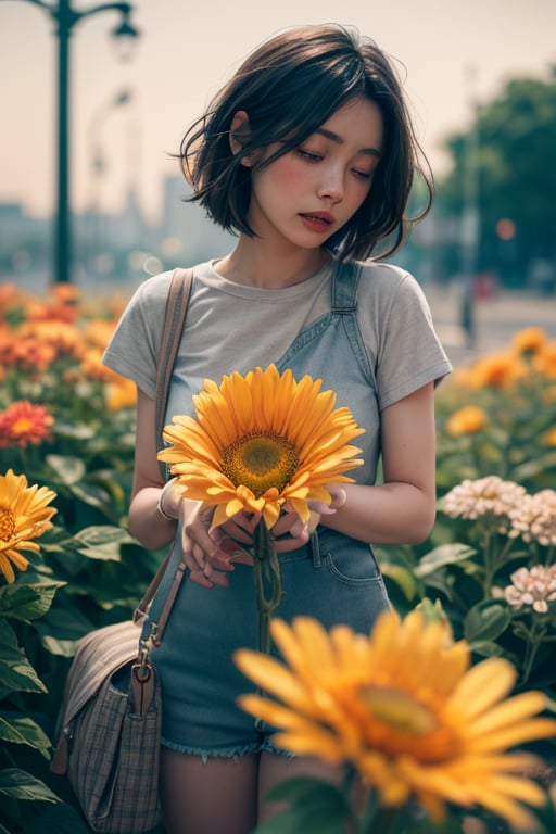 woman,flowers (innocent grey),exposure blend, medium shot, bokeh, (hdr:1.4), high contrast, (cinematic, teal and orange:0.85), (muted colors, dim colors, soothing tones:1.3), low saturation