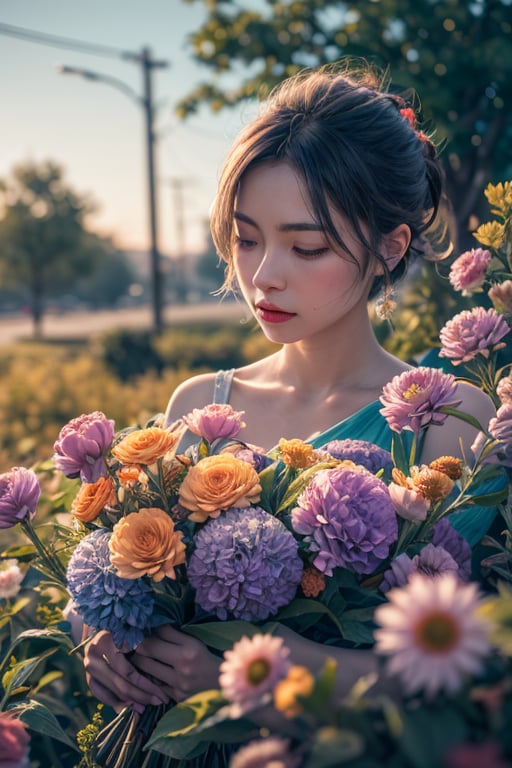 woman,flowers (innocent grey),exposure blend, medium shot, bokeh, (hdr:1.4), high contrast, (cinematic, teal and orange:0.85), (muted colors, dim colors, soothing tones:1.3), low saturation