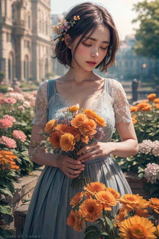 woman,flowers (innocent grey),exposure blend, medium shot, bokeh, (hdr:1.4), high contrast, (cinematic, teal and orange:0.85), (muted colors, dim colors, soothing tones:1.3), low saturation