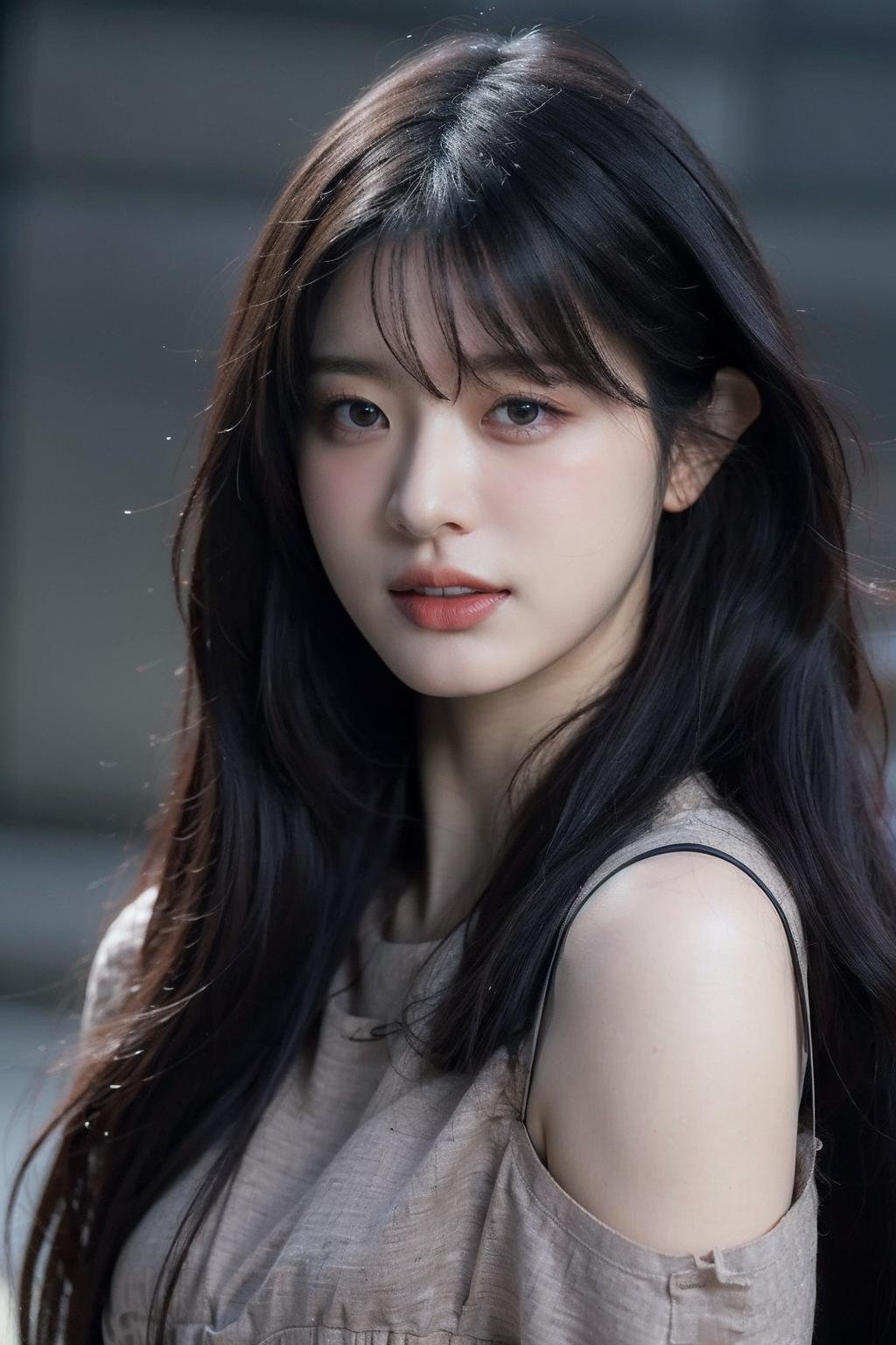 Best quality, masterpiece, ultra high res, (photorealistic:1.4), raw photo,1girl, solo, realistic, looking at viewer, upper body,simple gray background, black dress, <lora:makina69_parkminju_v1.0:1>, long wavy hair