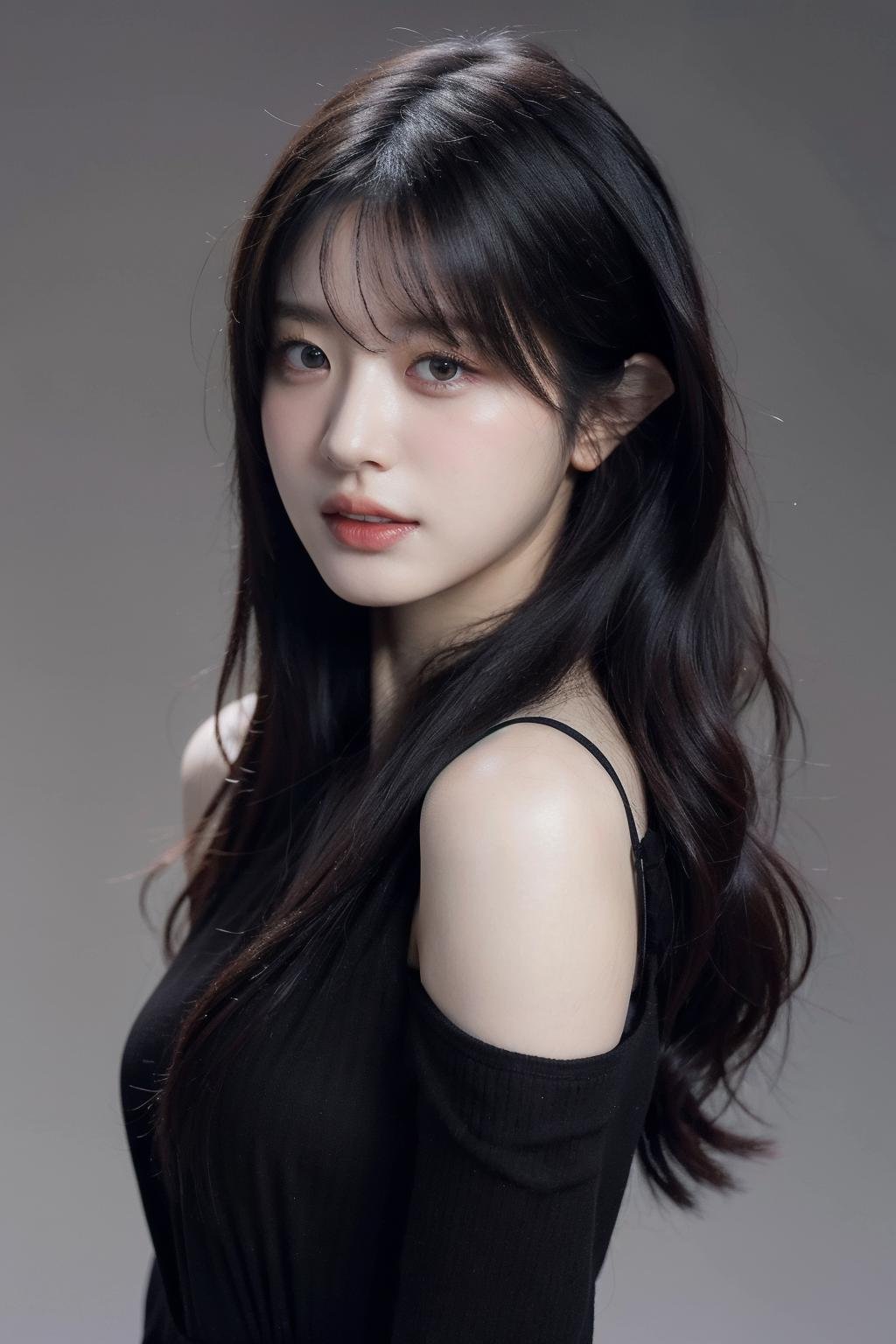 Best quality, masterpiece, ultra high res, (photorealistic:1.4), raw photo,1girl, solo, realistic, looking at viewer, upper body,simple gray background, black dress, <lora:makina69_parkminju_v1.0:1>, long wavy hair