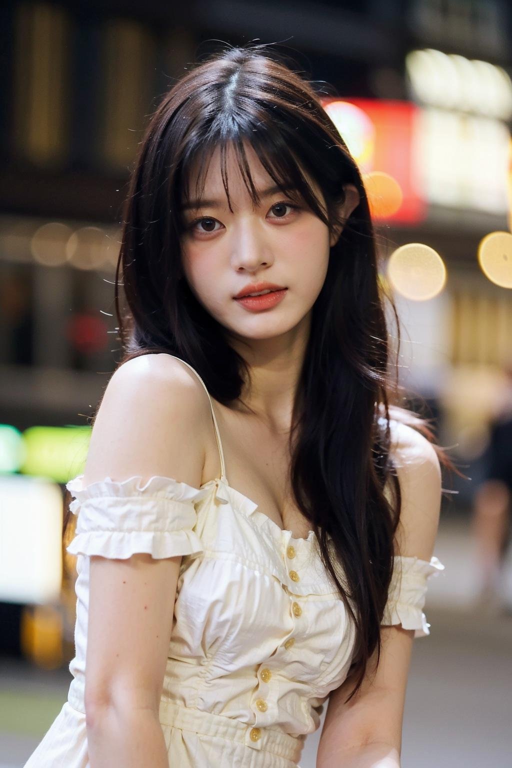 Best quality, masterpiece, ultra high res, (photorealistic), raw photo,1girl, skinny, upper body,solo, realistic, looking at viewer, long hair, bokeh background, city streets,brown eyes, bohemian dress,  <lora:makina69_parkminju_v1.0:1>