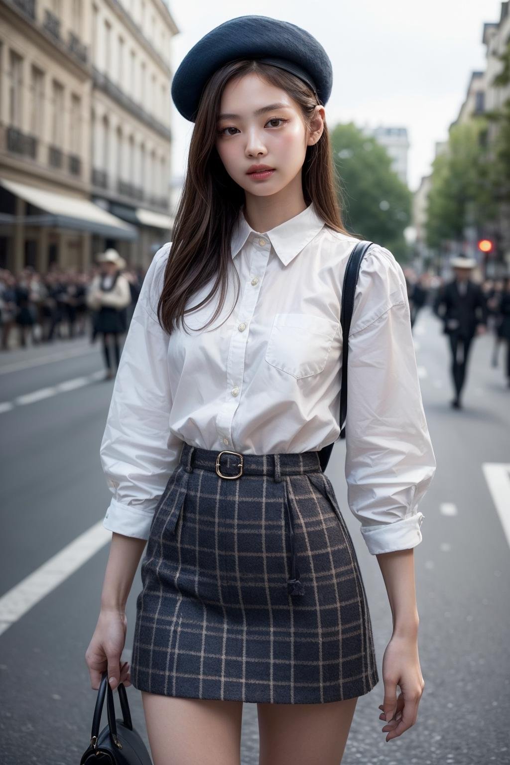 (realistic), (hyperrealism),best quality, masterpiece,ultra high res, (photorealistic:1.4),1girl,pale skin,petite,((skinny,slender legs)),(looking at viewer:2), <lora:add_detail:0.6>,outdoors,<lora:makina69_jennie_v2.0:1:FACES> ,(cowboy shot),french costume, beret, striped shirt,checkered skirt, Bastille Day parade,