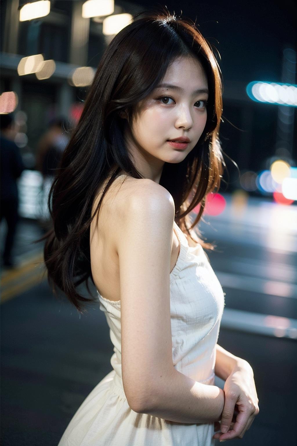 Best quality, masterpiece, ultra high res, (photorealistic), raw photo,1girl, skinny, upper body,solo, realistic, looking at viewer, long hair, bokeh background, city streets, sleveless dress,  <lora:makina69_jennie_v2.0:1>