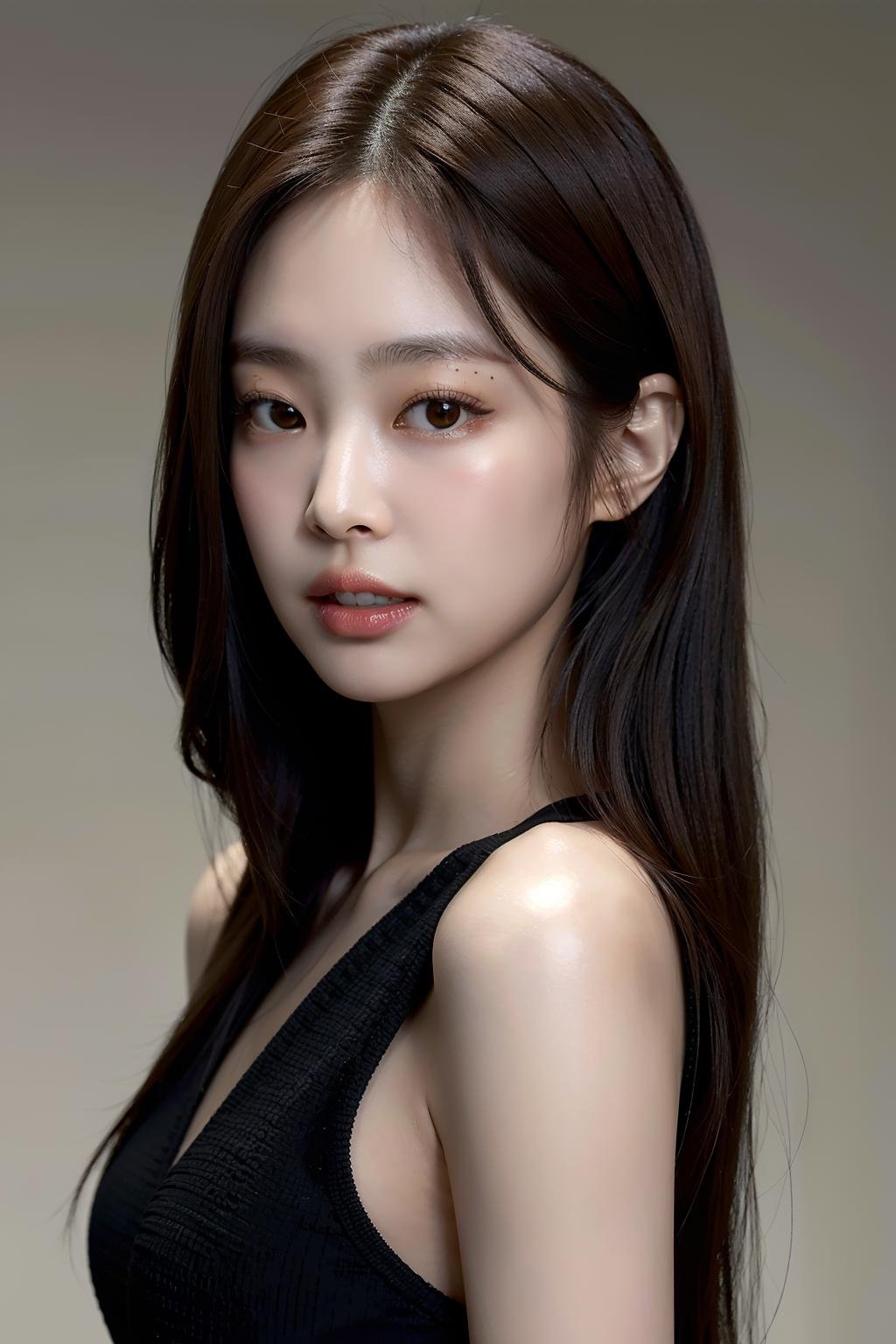 Best quality, masterpiece, ultra high res, (photorealistic:1.4), raw photo,1girl, solo, realistic, lips, looking at viewer, teeth, long hair, parted lips, nose, upper body, brown hair, simple background, brown eyes, black dress,  <lora:makina69_jennie_v2.0:1>