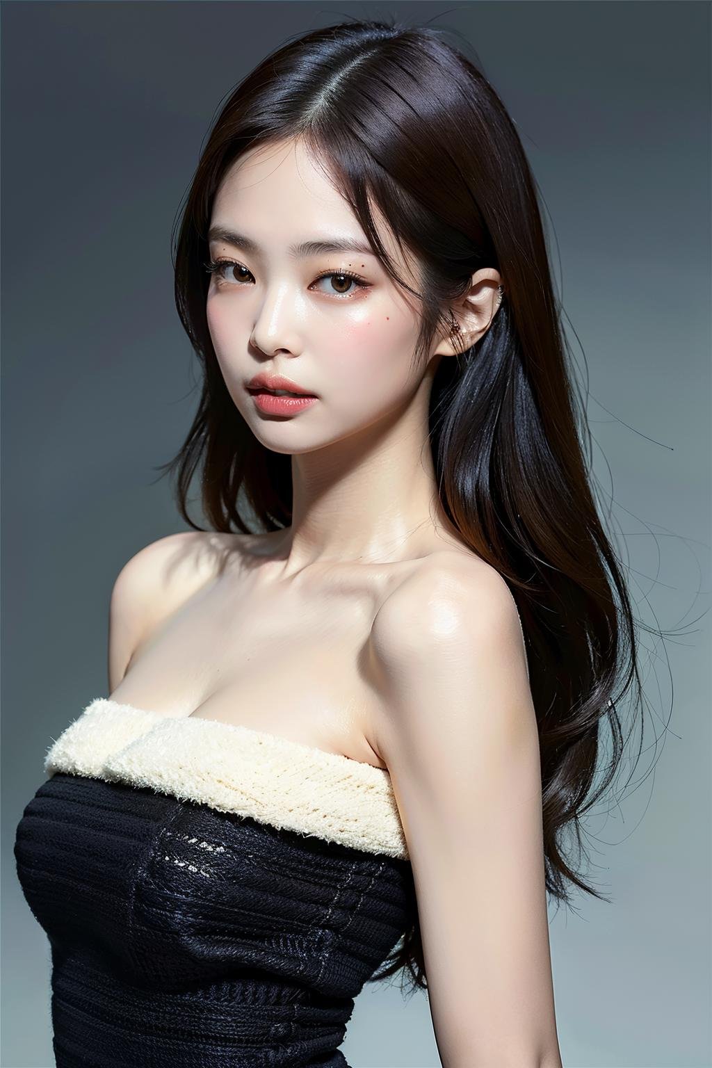 Best quality, masterpiece, ultra high res, (photorealistic:1.4), raw photo,1girl, solo, realistic, lips, looking at viewer, teeth, long hair, hair over one eye, parted lips, nose, close-up, brown hair, simple background, brown eyes, black dress, off shoulder