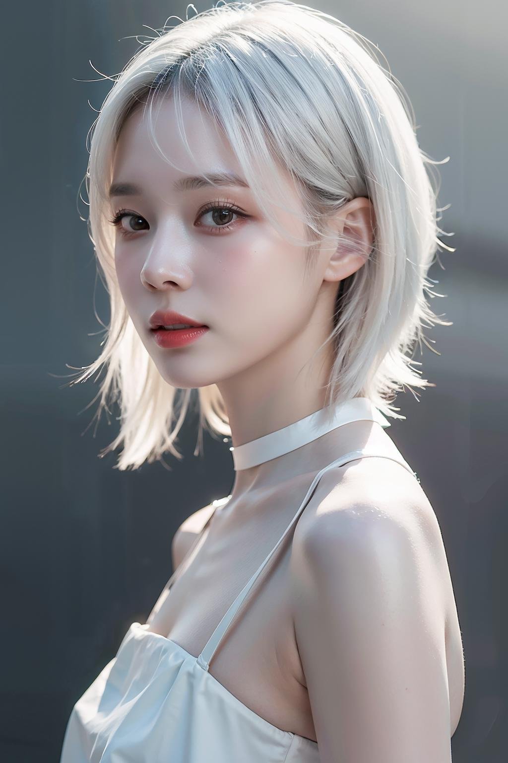 (realistic), (hyperrealism),best quality, masterpiece,ultra high res, (photorealistic:1.4),1girl,pale skin,skinny,(looking at viewer),simple gray background, white choker, (white hair,) long hair, white formal dress, bare shoulders,<lora:makina69_winter-light_v3.4:0.8>   , (upper body)