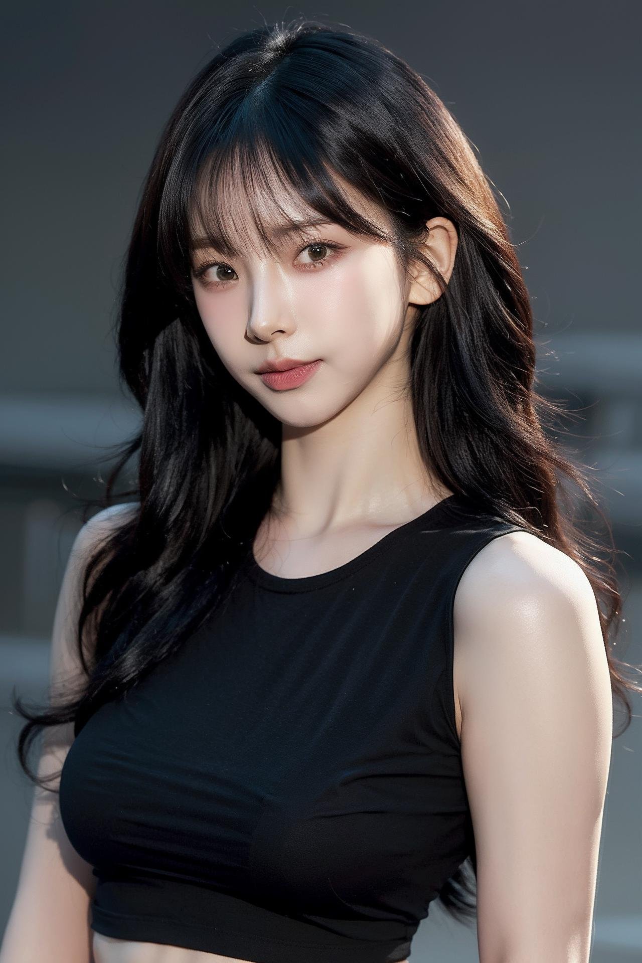 delicate, masterpiece, best shadow,(photorealistic:1.3),warm tone, soft light,1girl, solo, realistic,shirt, midriff, grey background, tied shirt, lips, looking at viewer, upper body, navel, sleeveless, closed mouth, black shirt, sleeveless shirt, long wavy hair, dynamic pose, <lora:makina69_karina_v4.4:1>