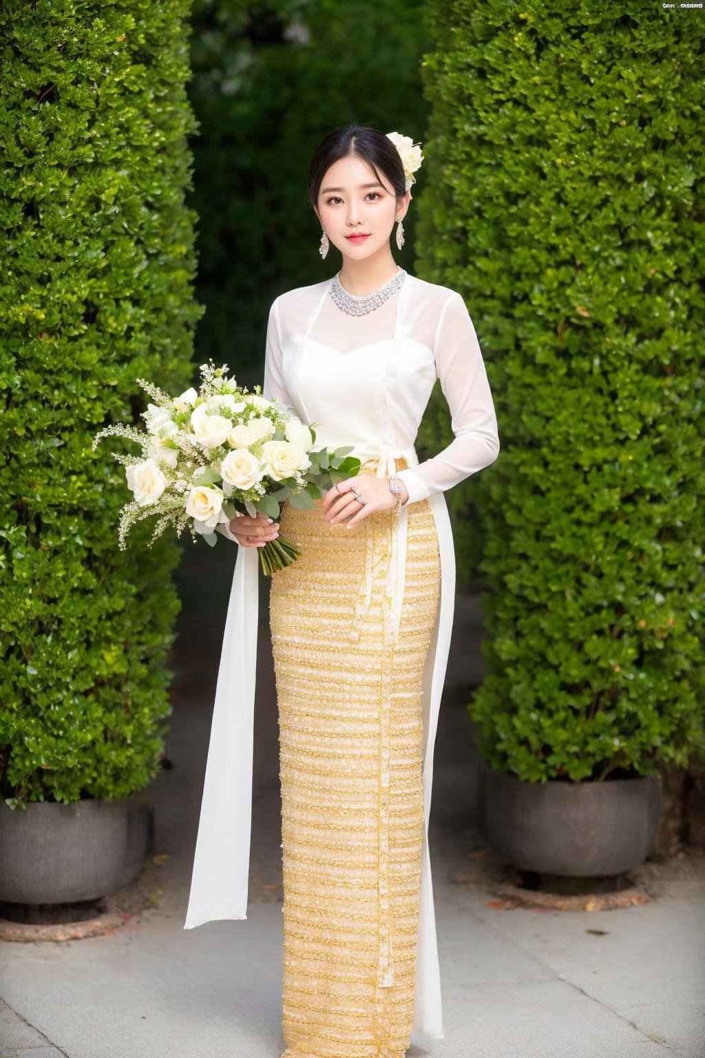 <lora:Myanmar_Traditional_Costume:0.8>,myanmar_dress,myanmar_dress,1girl,jewelry,solo,earrings,ring,flower,looking at viewer,holding,black hair,bouquet,looking at viewer,full body,