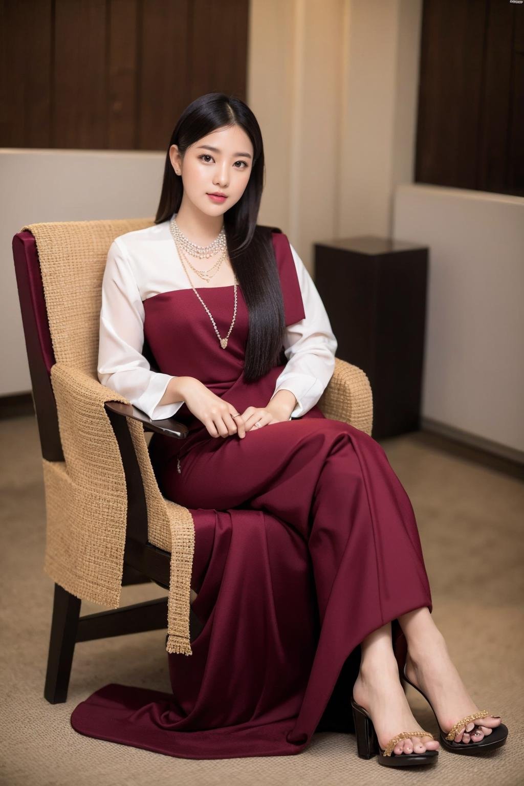 <lora:Myanmar_Traditional_Costume:0.9>,looking at viewer,cowboy shot,myanmar_dress,1girl,jewelry,solo,reclining,necklace,chair,sandals,realistic,black hair,crossed legs,