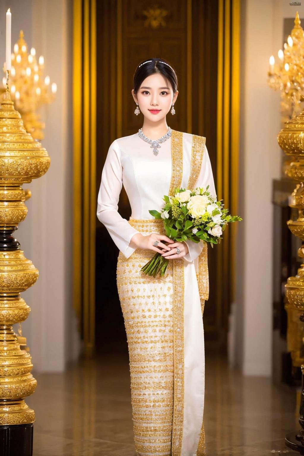 <lora:Myanmar_Traditional_Costume:0.8>,myanmar_dress,myanmar_dress,1girl,jewelry,solo,earrings,ring,flower,looking at viewer,holding,black hair,bouquet,looking at viewer,full body,