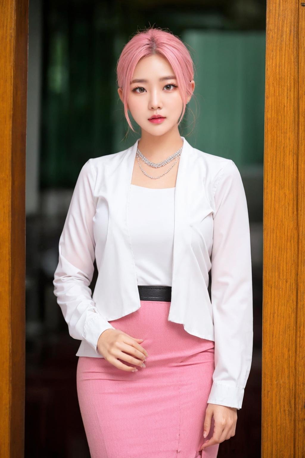 <lora:Myanmar_Traditional_Costume:1>,looking at viewer,cowboy shot,armory, myanmar_dress, 1girl, solo, skirt, jewelry, necklace, looking at viewer, pink hair, bracelet, long sleeves, shirt