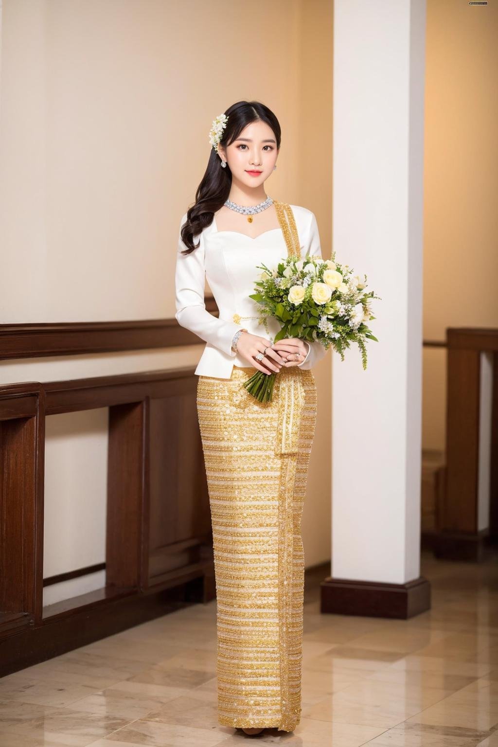 <lora:Myanmar_Traditional_Costume:0.8>,myanmar_dress,myanmar_dress,1girl,jewelry,solo,earrings,ring,flower,looking at viewer,holding,black hair,bouquet,looking at viewer,full body,